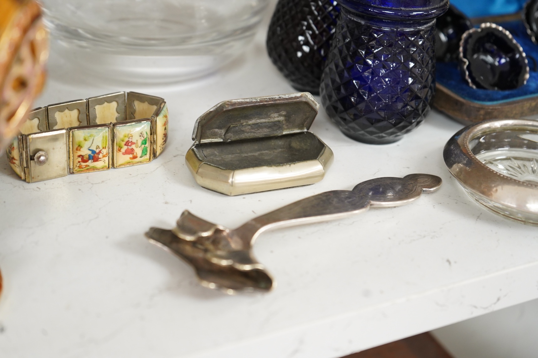 Sundry items to include a cased set of silver salts with glass liners, a Persian panelled bracelet and a glass decanter, largest 23cm high